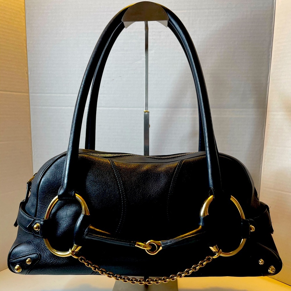 Gucci Black Leather Horsebit Chain Satchel Handbag